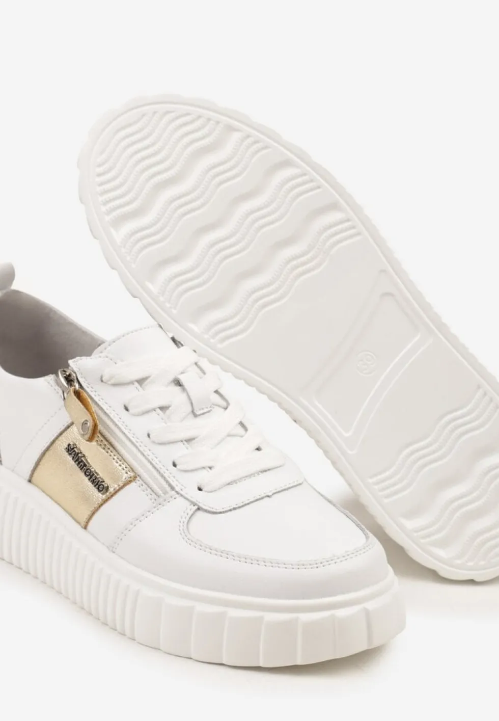 Białe Sneakersy ze Skóry Naturalnej z Metalicznym Zdobieniem Zorentee