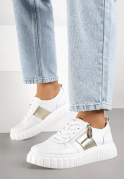 Białe Sneakersy ze Skóry Naturalnej z Metalicznym Zdobieniem Zorentee