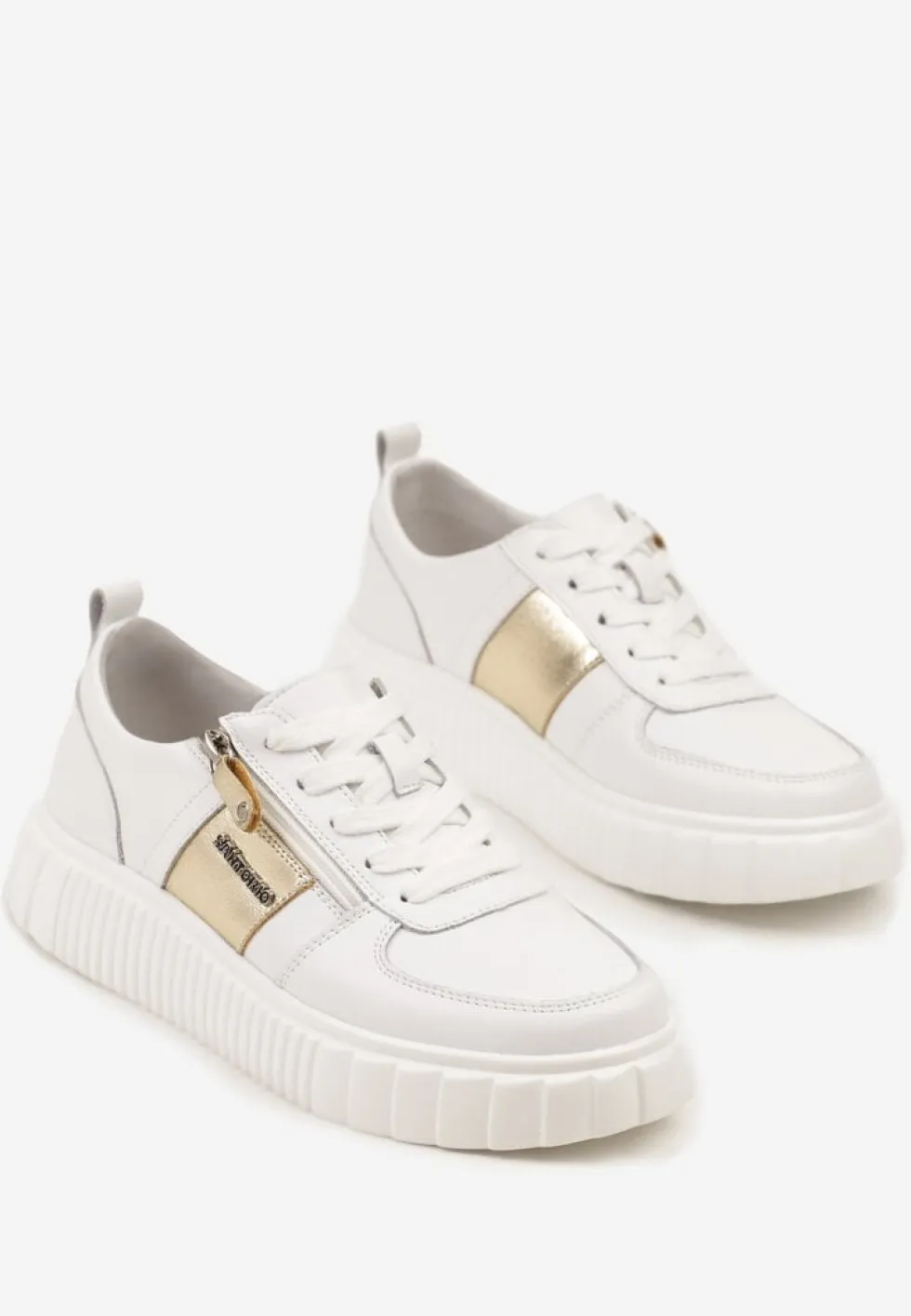 Białe Sneakersy ze Skóry Naturalnej z Metalicznym Zdobieniem Zorentee