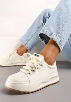 Białe Sneakersy ze Skóry Naturalnej z Platformą i Szerokimi Sznurówkami Talthea