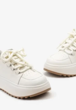 Białe Sneakersy ze Skóry Naturalnej z Platformą i Szerokimi Sznurówkami Talthea