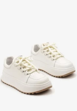 Białe Sneakersy ze Skóry Naturalnej z Platformą i Szerokimi Sznurówkami Talthea