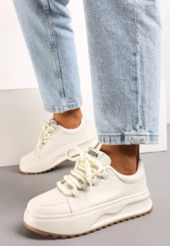 Białe Sneakersy ze Skóry Naturalnej z Platformą i Szerokimi Sznurówkami Talthea