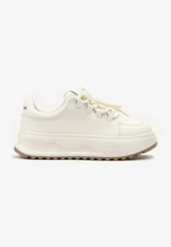 Białe Sneakersy ze Skóry Naturalnej z Platformą i Szerokimi Sznurówkami Talthea