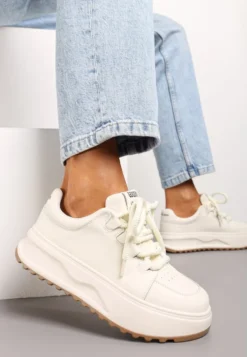 Białe Sneakersy ze Skóry Naturalnej z Platformą i Szerokimi Sznurówkami Talthea
