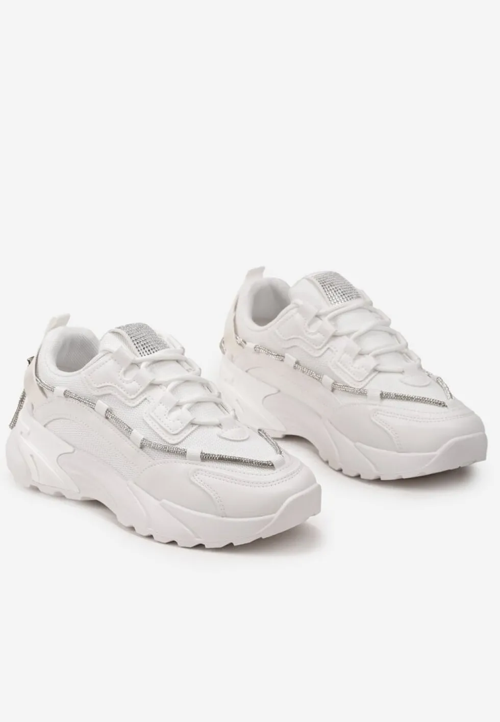 Białe Sneakersy z Ozdobnym Sznurkiem z Cyrkoniami Saerina