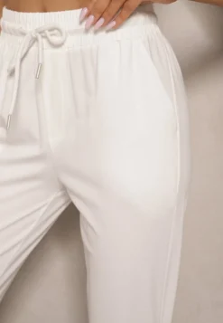 Białe Spodnie Dresowe z Wiskozą High Waist Ozdobione Sznurkiem Ellivenna