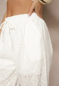 Białe Spodnie High Waist z Bawełnianej Tkaniny Zdobionej Haftem Mevirona