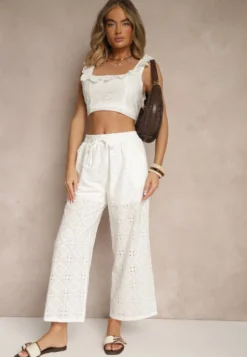 Białe Spodnie High Waist z Bawełnianej Tkaniny Zdobionej Haftem Mevirona