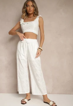Białe Spodnie High Waist z Bawełnianej Tkaniny Zdobionej Haftem Mevirona