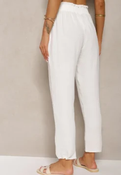 Białe Spodnie Typu Paper Bag High Waist z Gumką w Talii Salvavia
