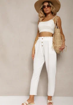 Białe Spodnie Typu Paper Bag High Waist z Gumką w Talii Salvavia