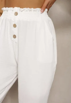 Białe Spodnie Typu Paper Bag High Waist z Gumką w Talii Salvavia