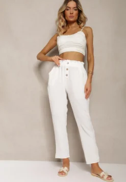 Białe Spodnie Typu Paper Bag High Waist z Gumką w Talii Salvavia
