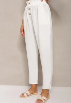 Białe Spodnie Typu Paper Bag High Waist z Gumką w Talii Salvavia