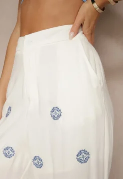 Białe Spodnie z Wiskozą i Lnem High Waist o Szerokim Kroju z Haftem Wilirna