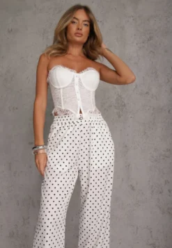 Białe Szerokie Spodnie Casual High Waist w Groszki Ozdobione Perełką Mesalin