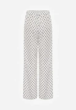 Białe Szerokie Spodnie Casual High Waist w Groszki Ozdobione Perełką Mesalin