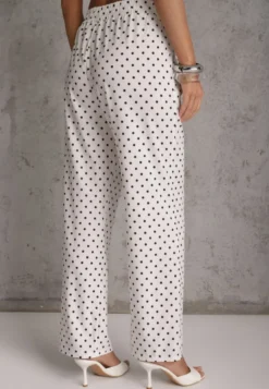 Białe Szerokie Spodnie Casual High Waist w Groszki Ozdobione Perełką Mesalin