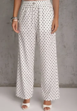Białe Szerokie Spodnie Casual High Waist w Groszki Ozdobione Perełką Mesalin