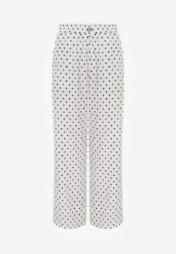 Białe Szerokie Spodnie Casual High Waist w Groszki Ozdobione Perełką Mesalin