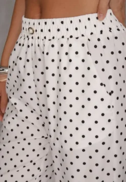 Białe Szerokie Spodnie Casual High Waist w Groszki Ozdobione Perełką Mesalin
