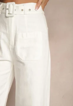 Białe Szerokie Spodnie z Bawełny High Waist z Ozdobnym Paskiem Nerraza