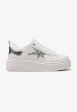 Białe Sznurowane Sneakersy na Niskiej Platformie z Brokatowymi Wstawkami Cominia