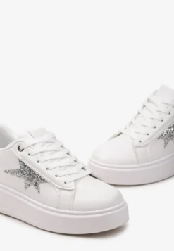 Białe Sznurowane Sneakersy na Niskiej Platformie z Brokatowymi Wstawkami Cominia