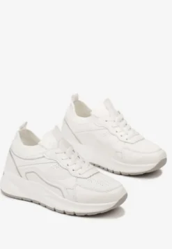 Białe Sznurowane Sneakersy na Grubej Podeszwie z Błyszczącymi Wstawkami Nithirela