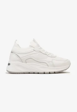 Białe Sznurowane Sneakersy na Grubej Podeszwie z Błyszczącymi Wstawkami Nithirela