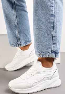 Białe Sznurowane Sneakersy na Grubej Podeszwie z Błyszczącymi Wstawkami Nithirela