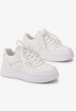 Białe Sznurowane Sneakersy na Platformie z Metalicznymi Wstawkami Arileva