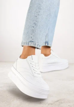 Białe Sznurowane Sneakersy Vices na Platformie z Metalicznymi Paskami Neliawen