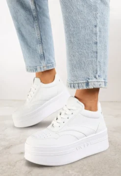 Białe Sznurowane Sneakersy Vices na Platformie z Metalicznymi Paskami Neliawen