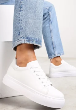 Białe Sznurowane Sneakersy z Cholewką przed Kostkę Narelina