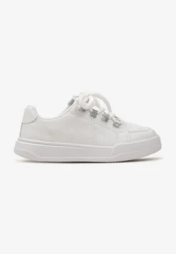 Białe Sznurowane Sneakersy z Detalami z Cyrkoniami Falenc