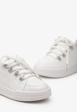 Białe Sznurowane Sneakersy z Detalami z Cyrkoniami Falenc