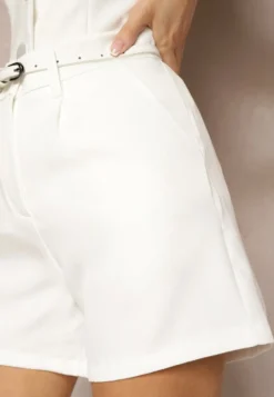 Białe Szorty Bermudy High Waist o Eleganckim Wykończeniu Verpia