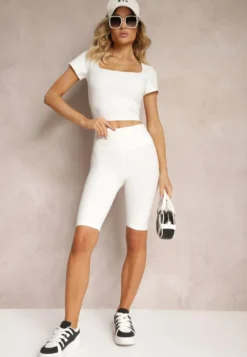 Białe Szorty Typu Kolarki High Waist z Prążkowanego Materiału Vimara