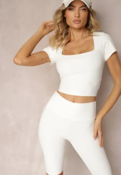Białe Szorty Typu Kolarki High Waist z Prążkowanego Materiału Vimara