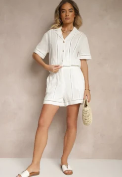 Białe Szorty z Bawełny High Waist Ozdobione Geometrycznym Wzorem Galessira