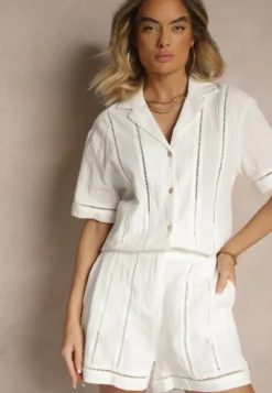 Białe Szorty z Bawełny High Waist Ozdobione Geometrycznym Wzorem Galessira
