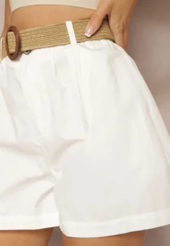 Białe Szorty z Bawełny High Waist o Kroju Bermudów Zapinane na Zamek Błyskawiczny i Guzik z Plecionym Paskiem z Klamrą Iannestra