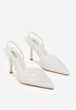 Białe Szpilki Slingback Zdobione Perełkami i Cekinami Irifera