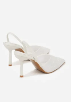 Białe Szpilki Slingback Zdobione Perełkami i Cekinami Irifera