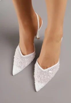 Białe Szpilki Slingback Zdobione Perełkami i Cekinami Irifera