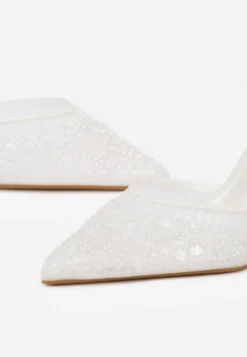 Białe Szpilki Slingback Zdobione Perełkami i Cekinami Irifera