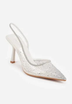 Białe Szpilki Slingback z Transparentną Cholewką i Cyrkoniami Liaceran