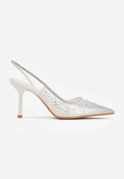 Białe Szpilki Slingback z Transparentną Cholewką i Cyrkoniami Liaceran